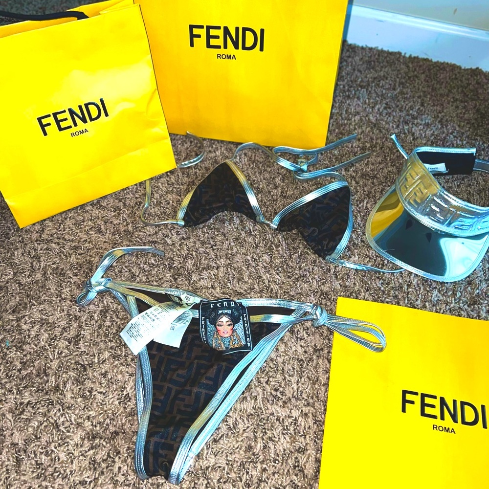 FENDI BATHING SUIT WITH SILVER FENDI VISOR ; iCON FENDI LOGO WITH SILVER LINING